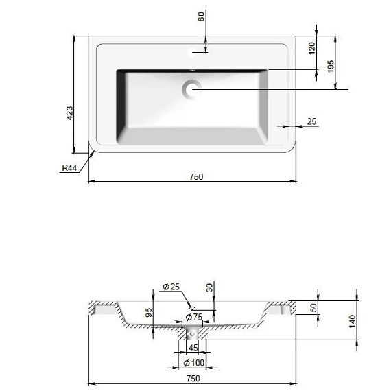 Умивальник композитний BAR 750x420 мм з переливом - Зображення №4