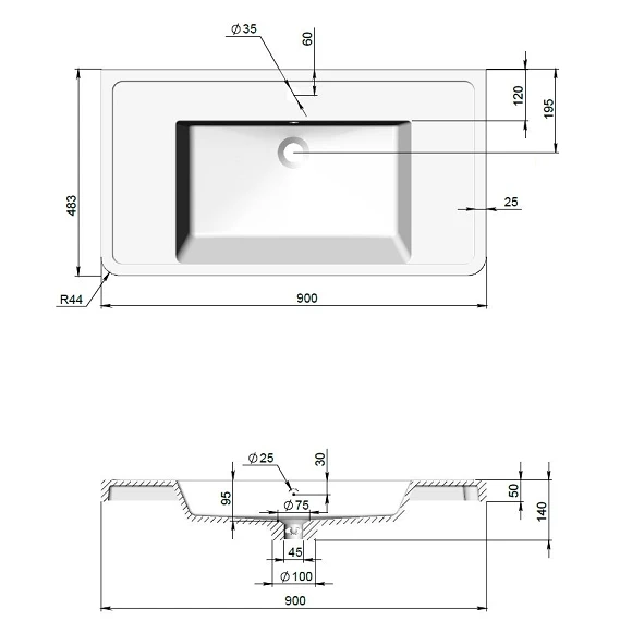 Умивальник композитний BAR 900x420 мм з переливом - Зображення №4